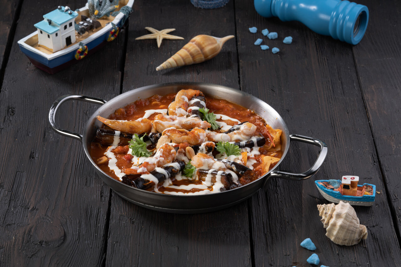Eggplant Fatteh with Shrimp